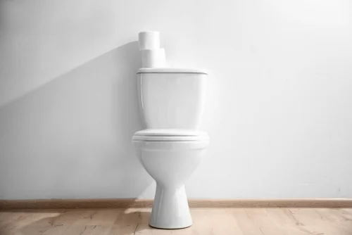 New,ceramic,toilet,bowl,near,light,wall